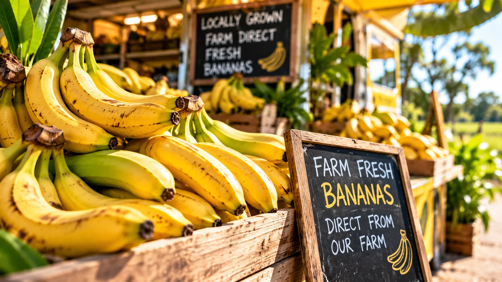 Fresh bananas displayed at a farm-direct produce stall