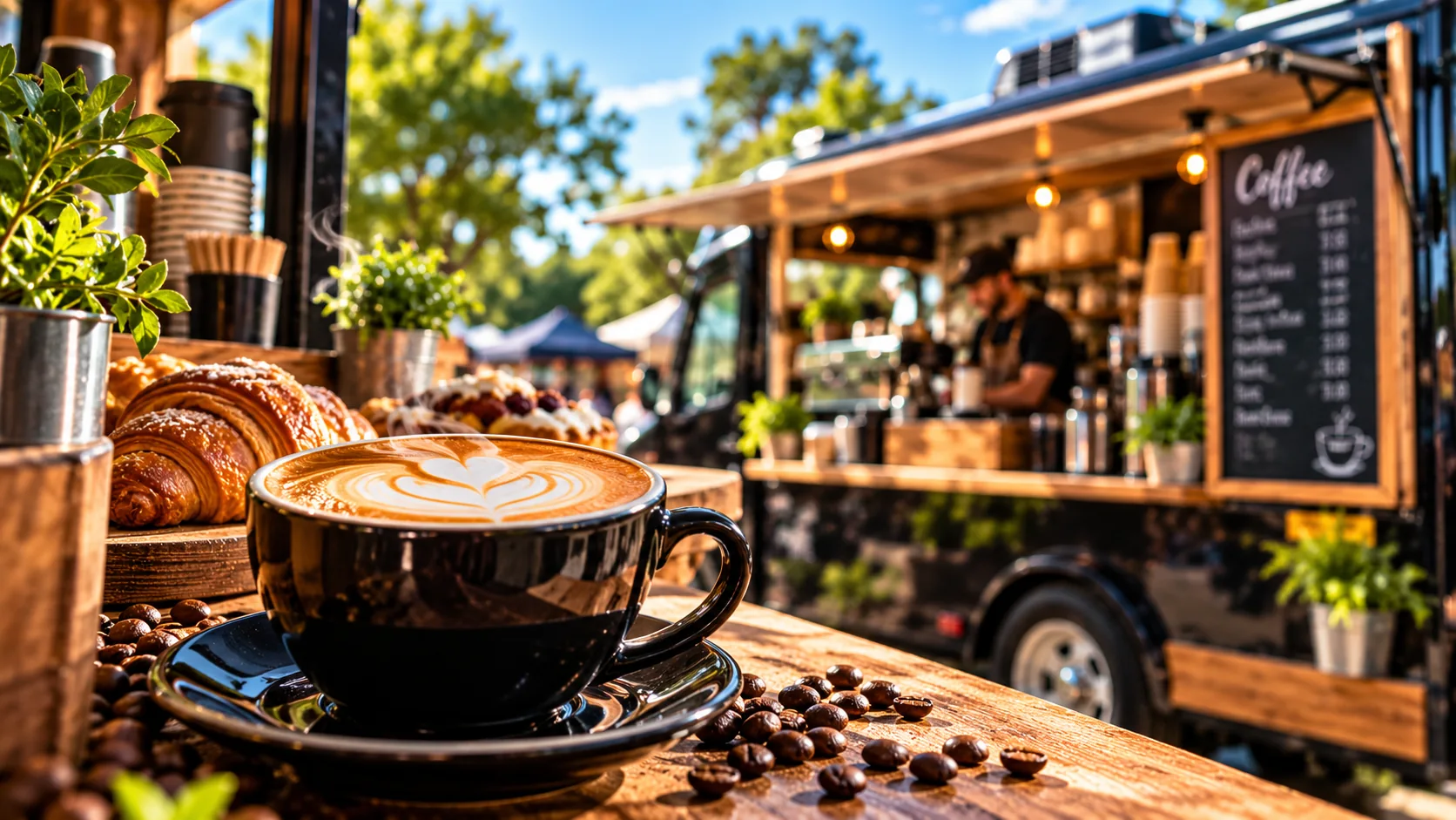 A cappuccino and pastries beside a mobile coffee van at an outdoor market.