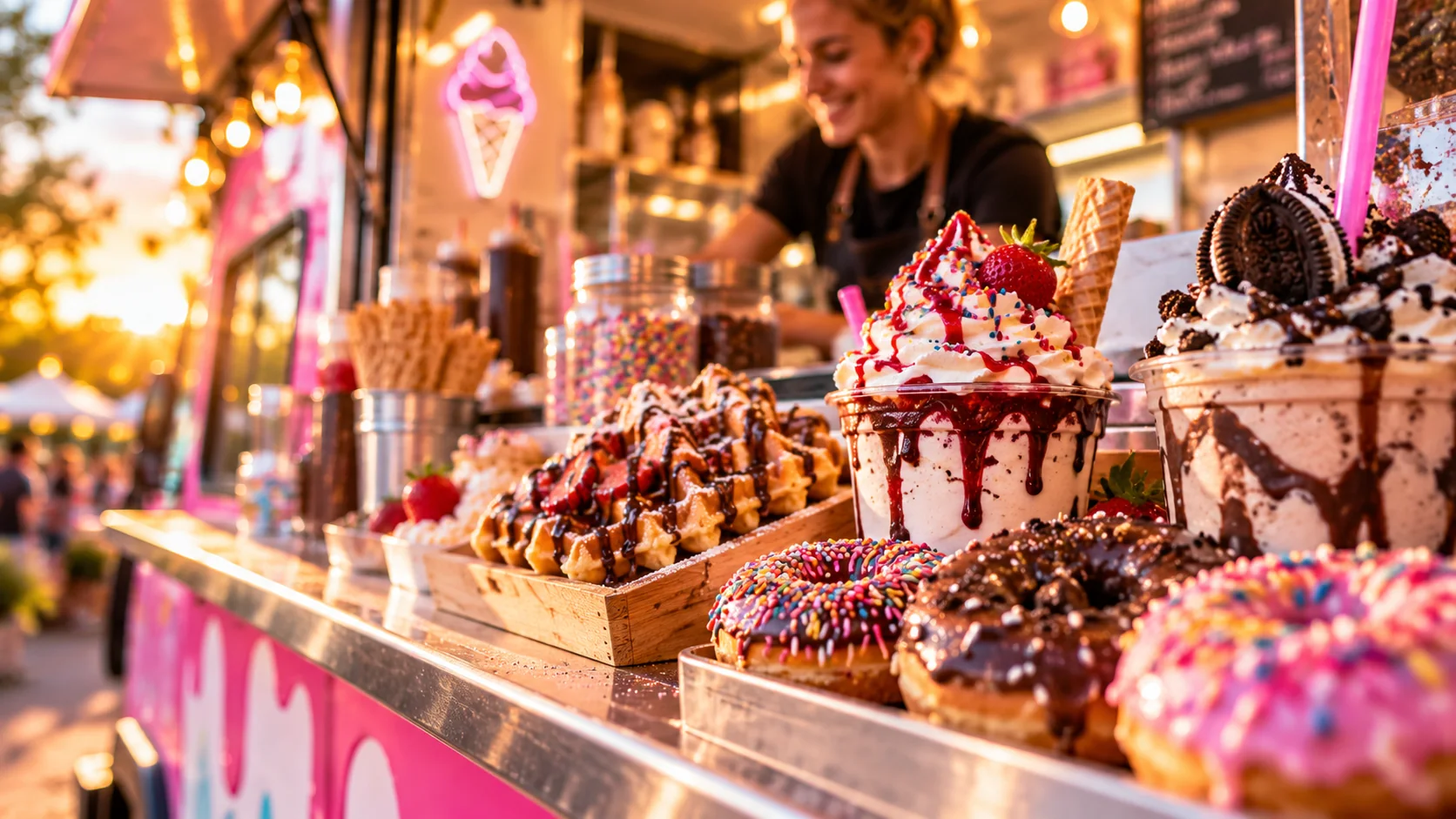 Ice cream, milkshakes and colourful donuts at a mobile dessert van.